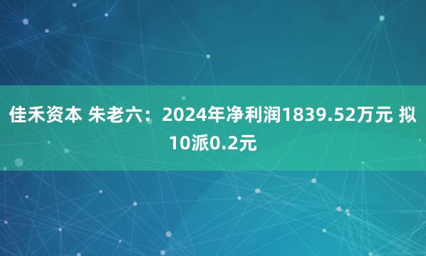 佳禾资本 朱老六:2024年净利润1839.52万元 拟10派0.2元